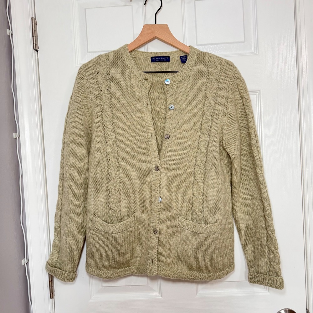 VTG Karen Scott Pure 100% Wool CableKnit Cardigan Sweater Green Australia Made M